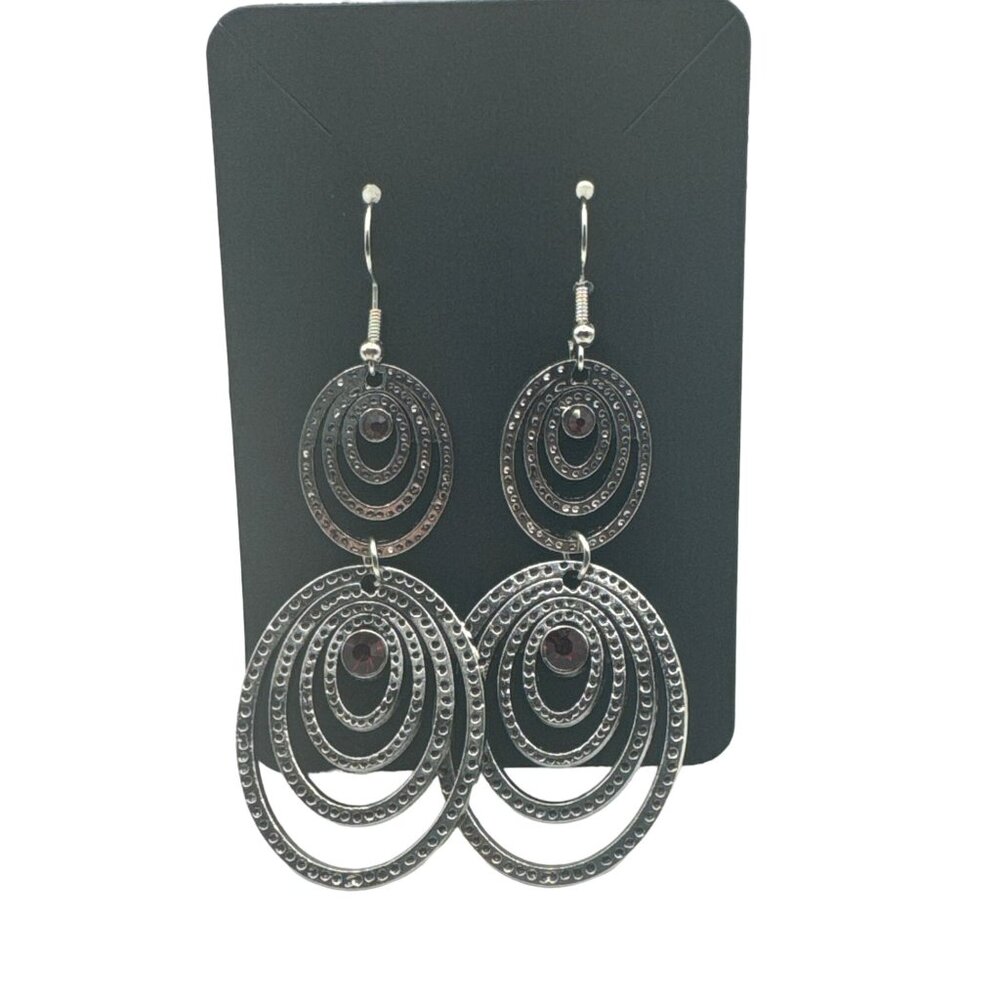 Silver Tone Dangle Earrings with Red Gemstone Accents for Women Retro Style Boho